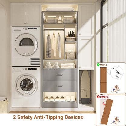 Freestanding 24" Closet System with 2 Wood Drawers, 2FT Small Closet Organizer System with 6 Shelves & Hanging Rod