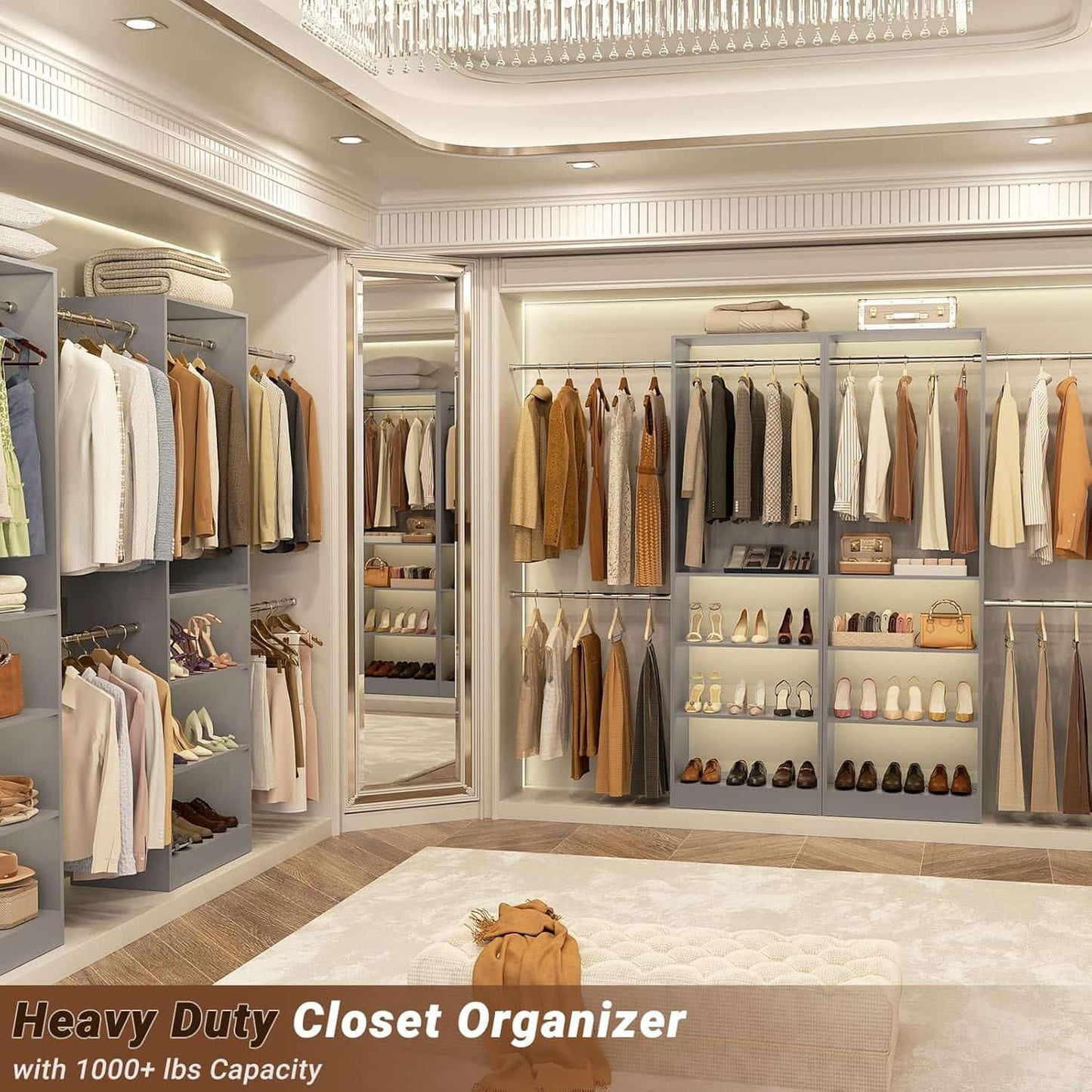 20.5-120'' W Closet Organizer System with 5 Hanging Rods, Shelving Tower