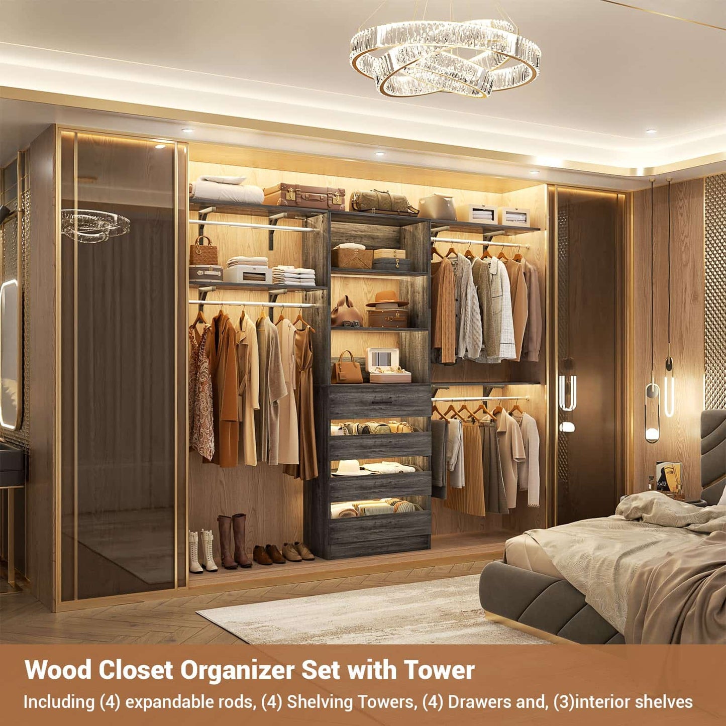 Closet System, 8FT Closet Organizer with 4 Wooden Drawers, Wood Closet Organizer System with Tower, Walk-in Closet Organizer Wardrobe