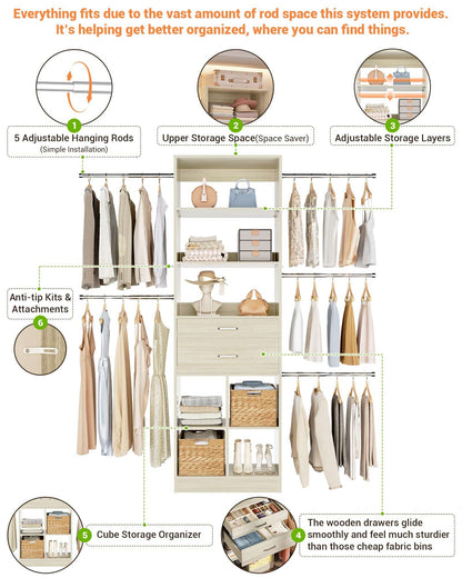 Adjustable Small Closet System, 3.2-6.8FT Expandable Closet Organizer with 2 Wooden Drawers & 5 Heavy-Duty Hanging Rods