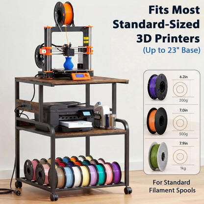 Heavy-Duty 3D Printer Rolling Cart with Power Outlet & Filament Storage, 3-Tier Adjustable Printer Stand for Home Office