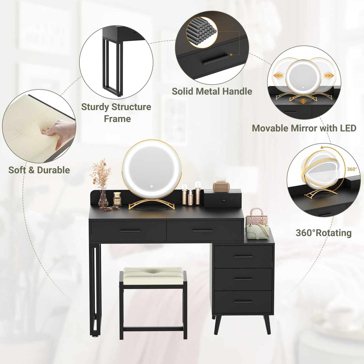 Vanity Desk with Mirror and Lights, Modern Makeup Vanity Table Set with 6 Storage Drawers and Cushioned Stool