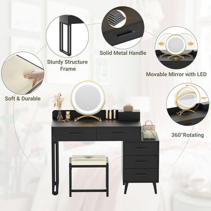 Vanity Desk with Mirror and Lights, Modern Makeup Vanity Table Set with 6 Storage Drawers and Cushioned Stool
