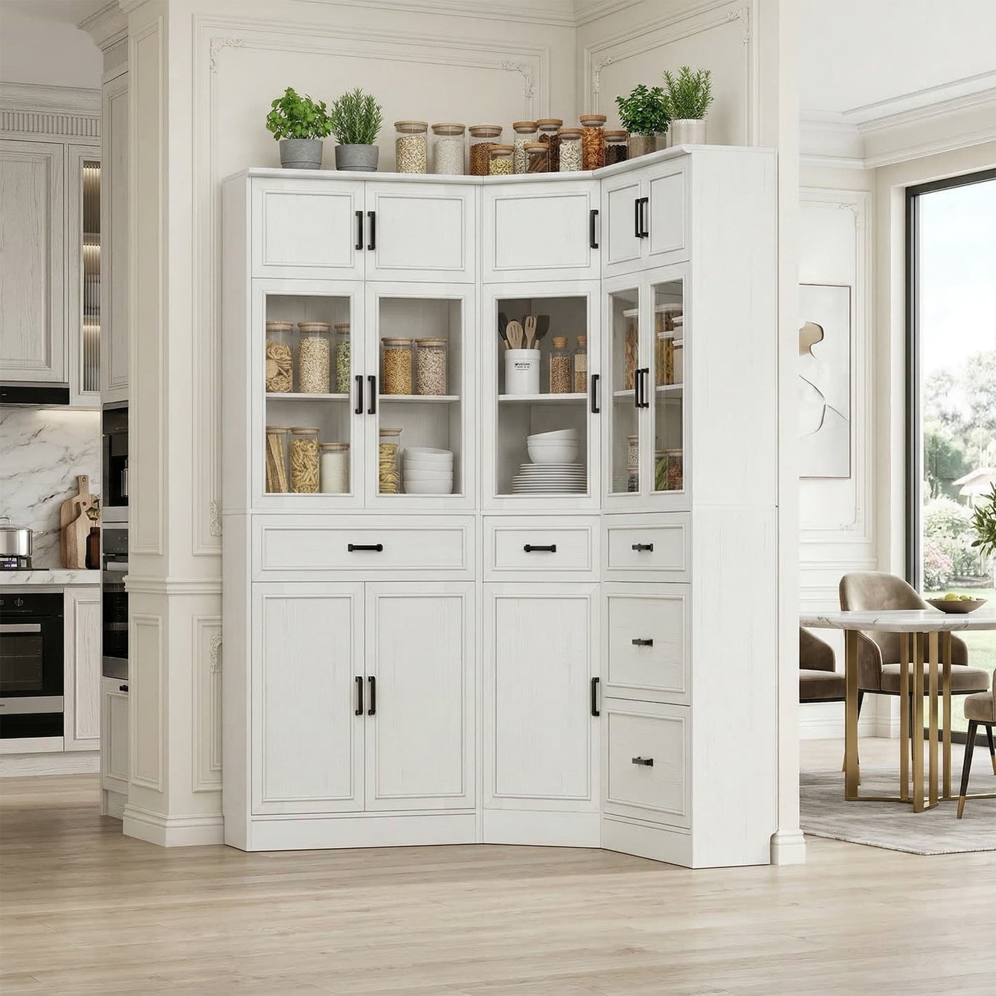 80" Farmhouse Corner Cabinet + Freestanding Pantry Set with Adjustable Shelves, Tempered Glass Doors, Versatile Storage