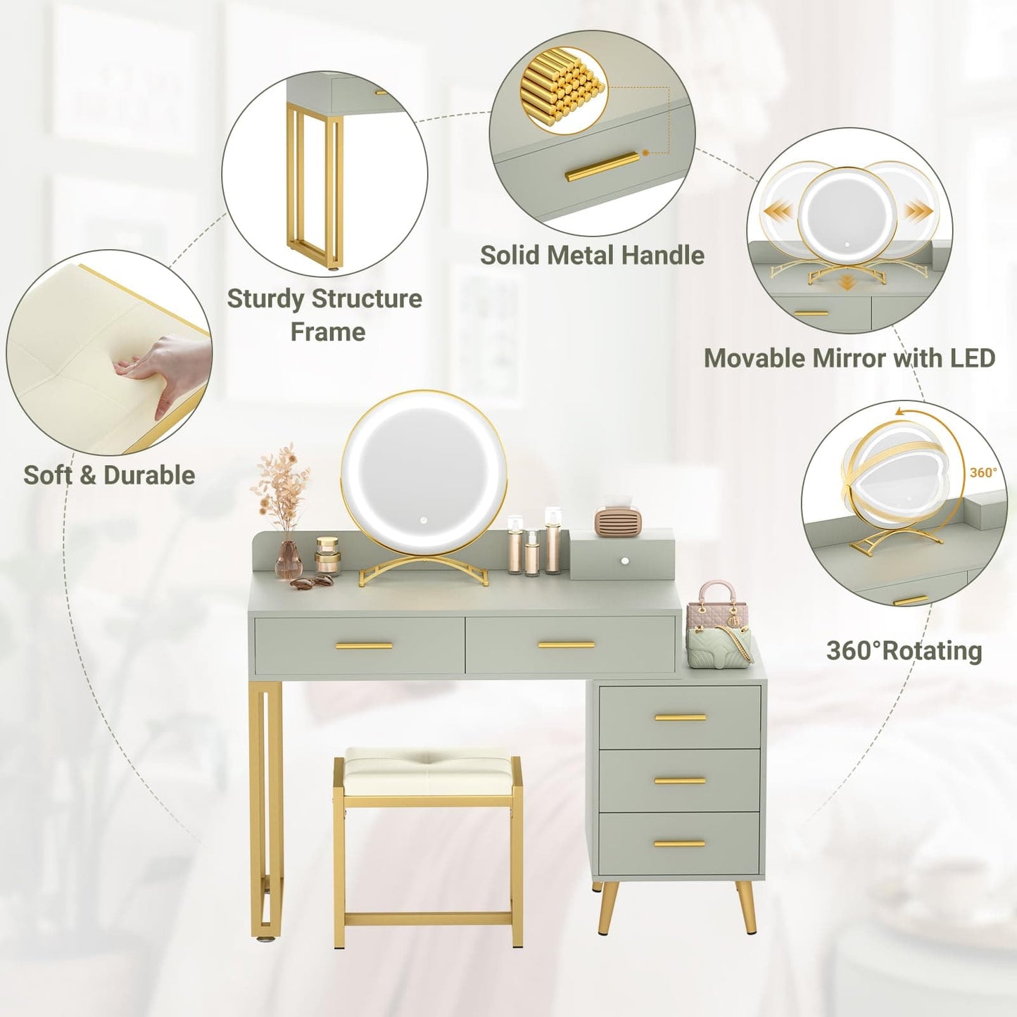 Vanity Desk with Mirror and Lights, Modern Makeup Vanity Table Set with 6 Storage Drawers and Cushioned Stool