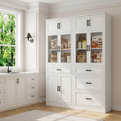 80" Tall Kitchen Pantry Cabinet Sets with Glass Doors, Adjustable Shelves & Drawers - Freestanding Storage Cupboard