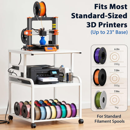 Heavy-Duty 3D Printer Rolling Cart with Power Outlet & Filament Storage, 3-Tier Adjustable Printer Stand for Home Office