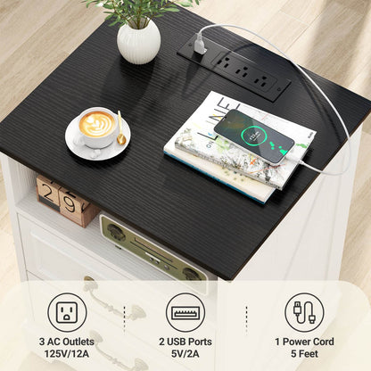 Set of 2 Nightstands with Charging Station, Farmhouse Rustic Bedside Tables with USB-C Ports, AC Outlets, Drawers & Open Shelf
