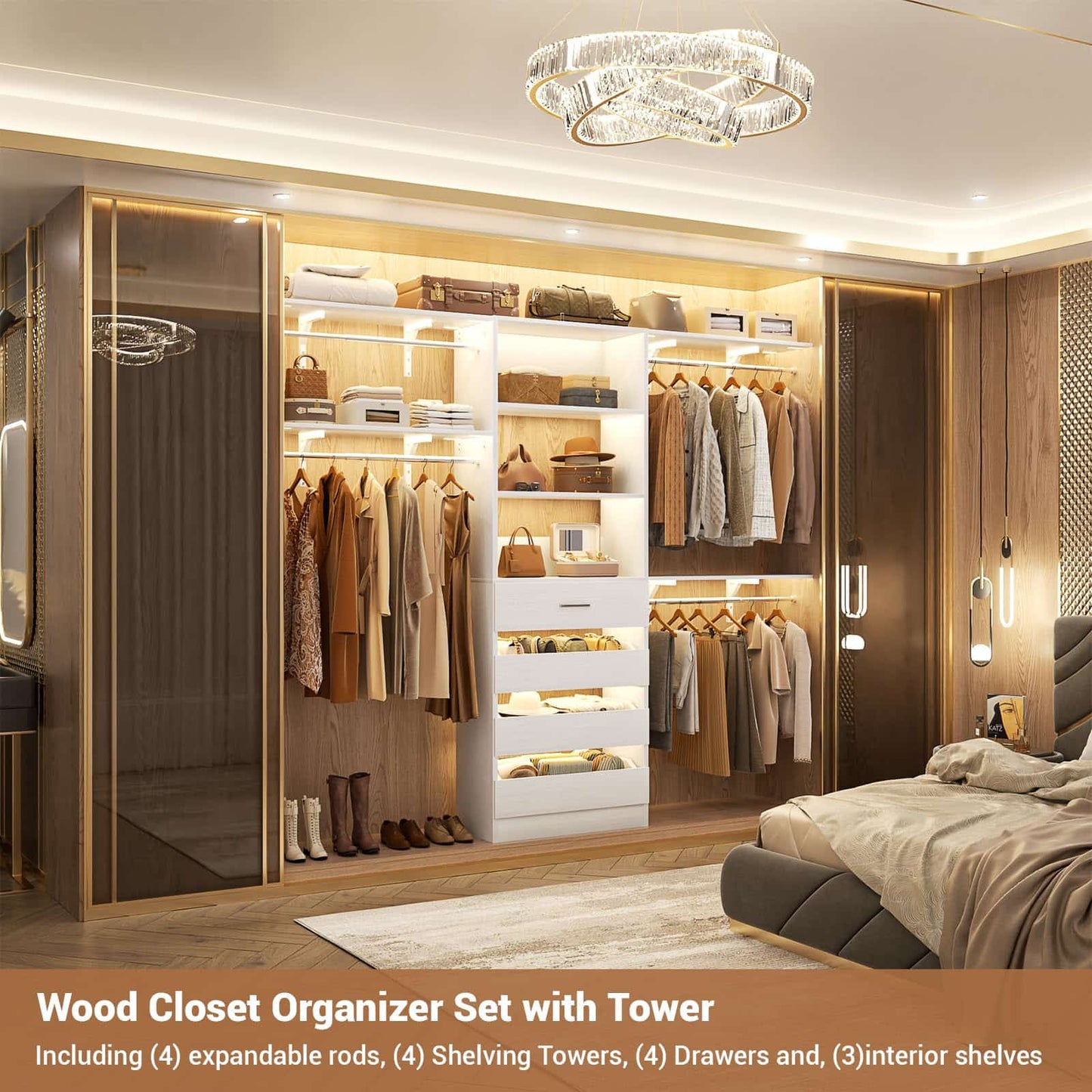 Closet System, 8FT Closet Organizer with 4 Wooden Drawers, Wood Closet Organizer System with Tower, Walk-in Closet Organizer Wardrobe