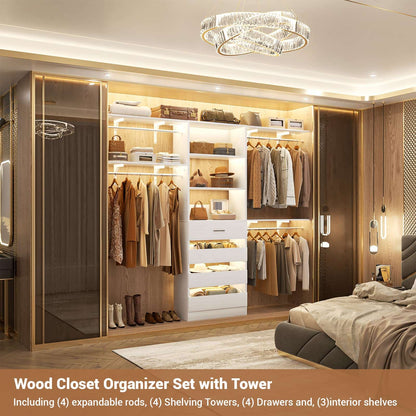 Closet System, 8FT Closet Organizer with 4 Wooden Drawers, Wood Closet Organizer System with Tower, Walk-in Closet Organizer Wardrobe