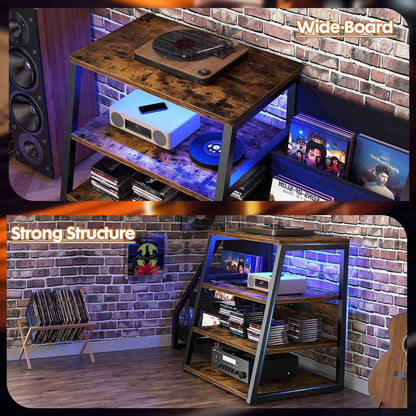 4-Tier Media Stand with Vinyl Storage, Power Outlets & LED Lights