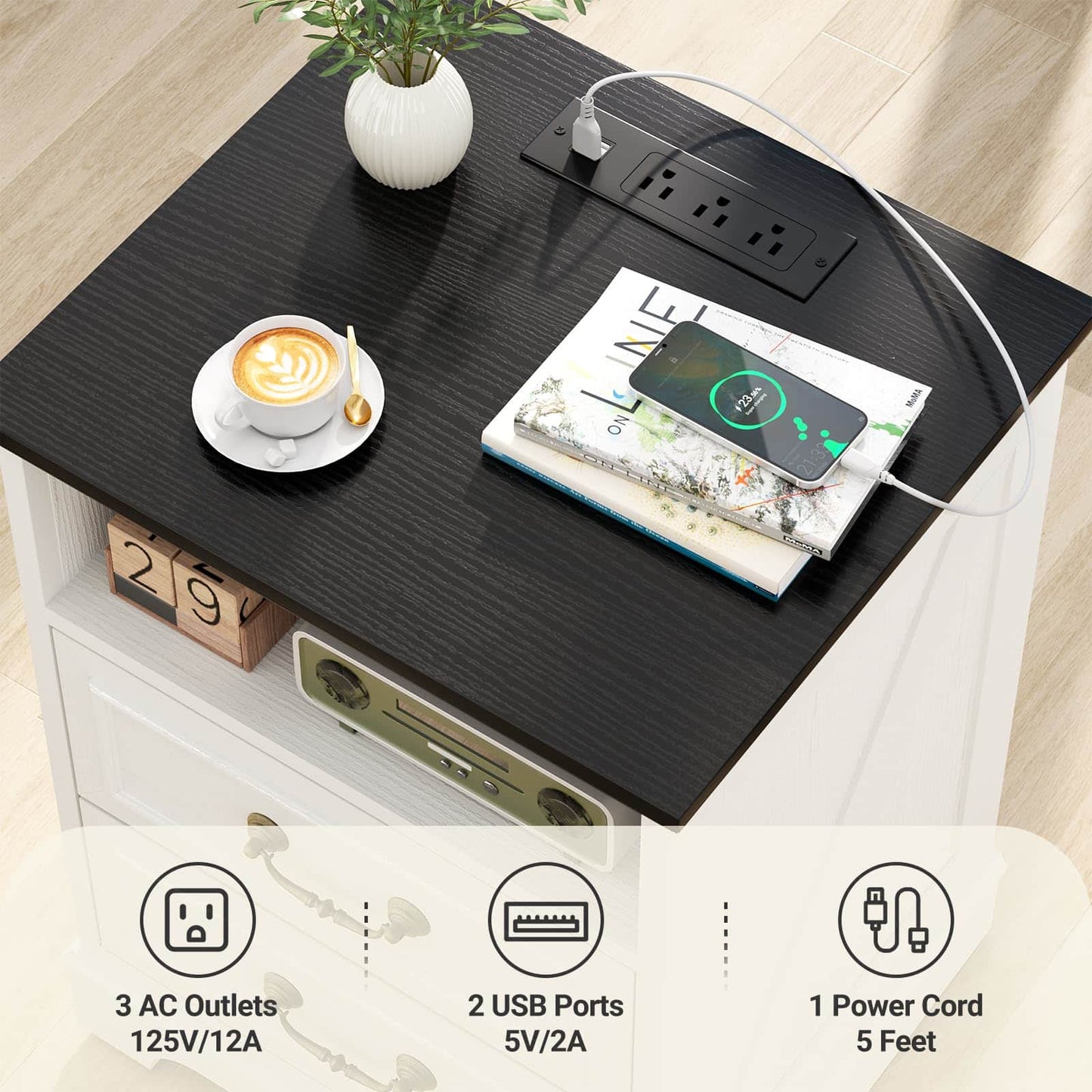 Nightstand with Charging Station -2 USB Ports, 3 AC Outlets, Farmhouse Rustic Wood End Table with 2 Drawers & Open Shelf