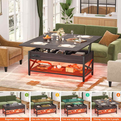 Coffee Table Lift Top with LED Light and Power Outlet, Multi-Function Coffee Table Converts to Dining Table