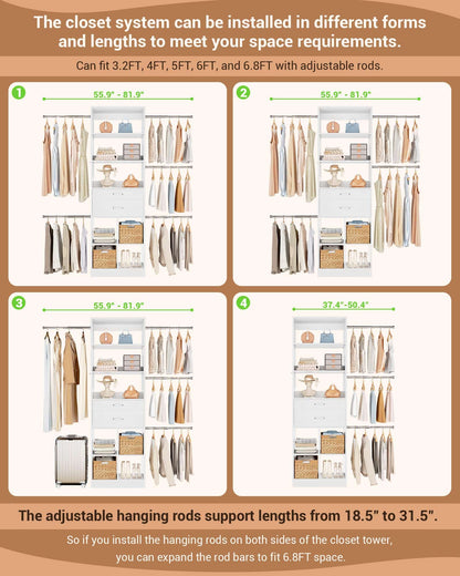 Adjustable Small Closet System, 3.2-6.8FT Expandable Closet Organizer with 2 Wooden Drawers & 5 Heavy-Duty Hanging Rods