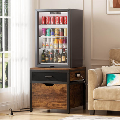 Mini Fridge Stand with Drawer Storage & Sockets, Heavy Duty Mini Refrigerator table with Rolling Cabinet