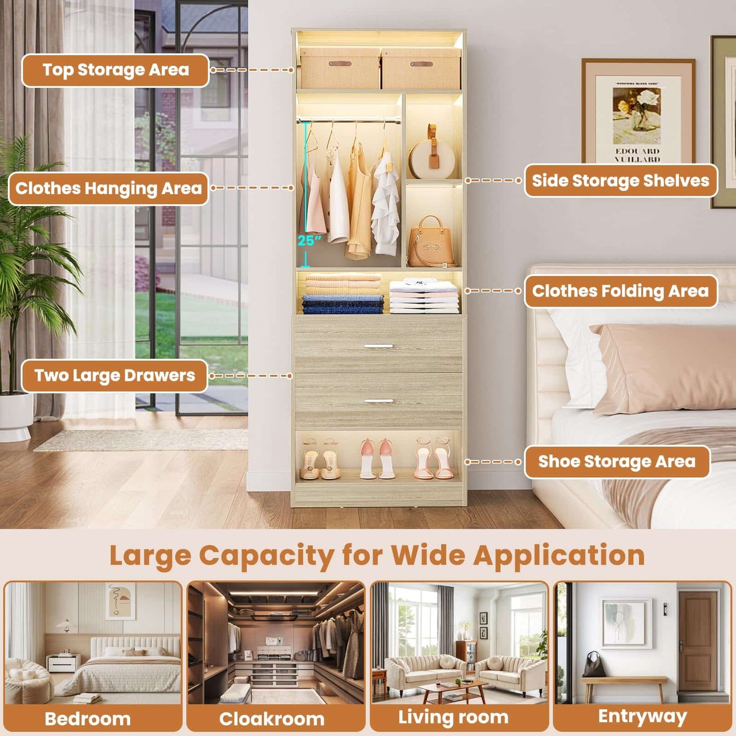 Freestanding 24" Closet System with 2 Wood Drawers, 2FT Small Closet Organizer System with 6 Shelves & Hanging Rod
