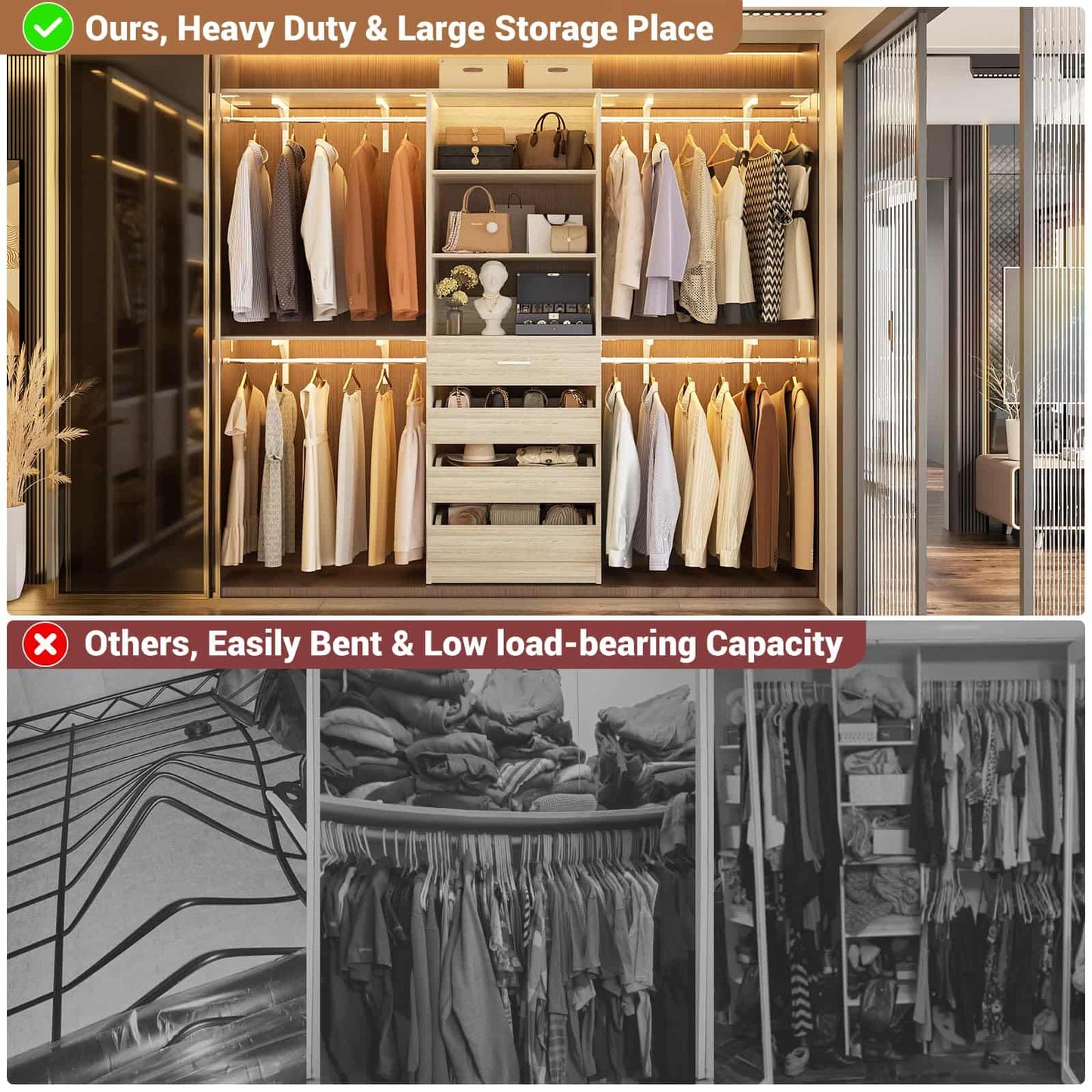 Closet System, 8FT Closet Organizer with 4 Wooden Drawers, Wood Closet Organizer System with Tower, Walk-in Closet Organizer Wardrobe