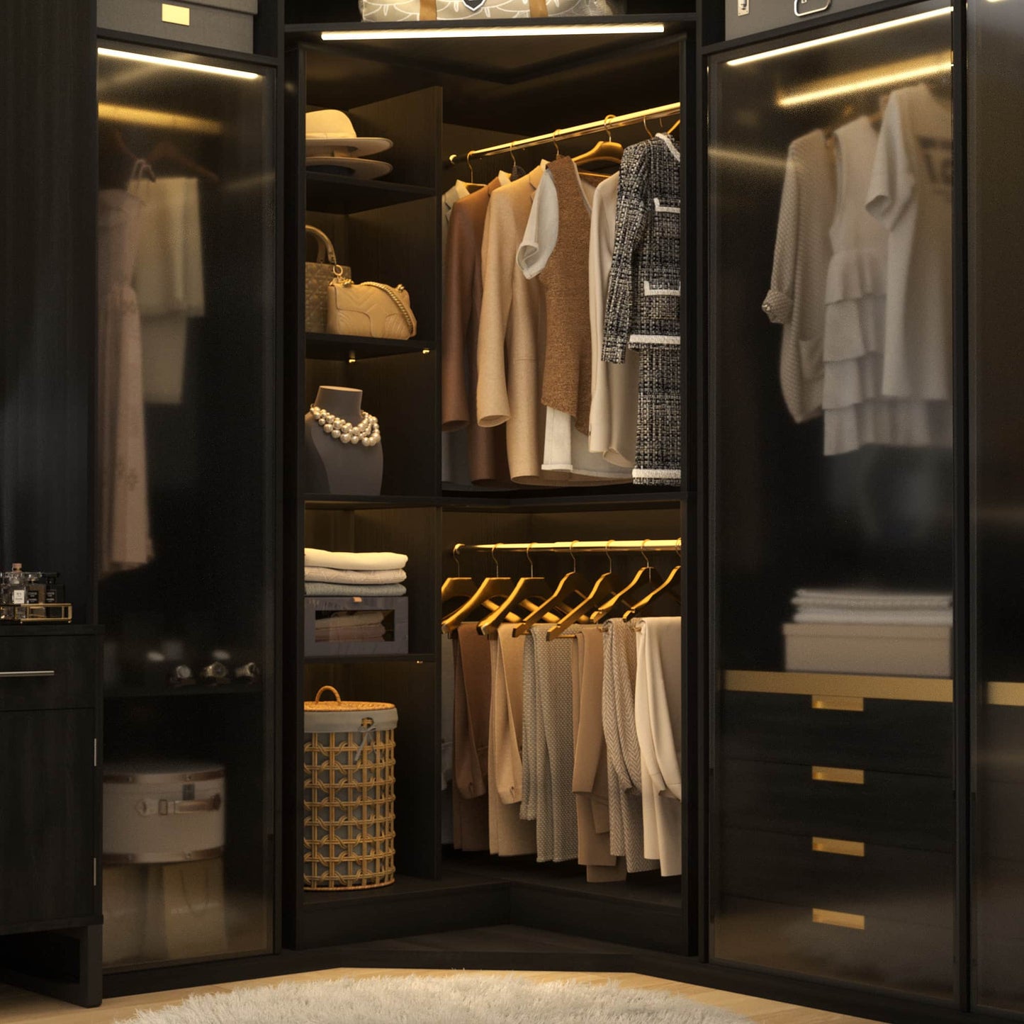 36" Corner Closet System - 2 Rods, Hutches, and 5 Shelves for Versatile Storage, Sturdy and Durable Design Armoire Closet Organizer