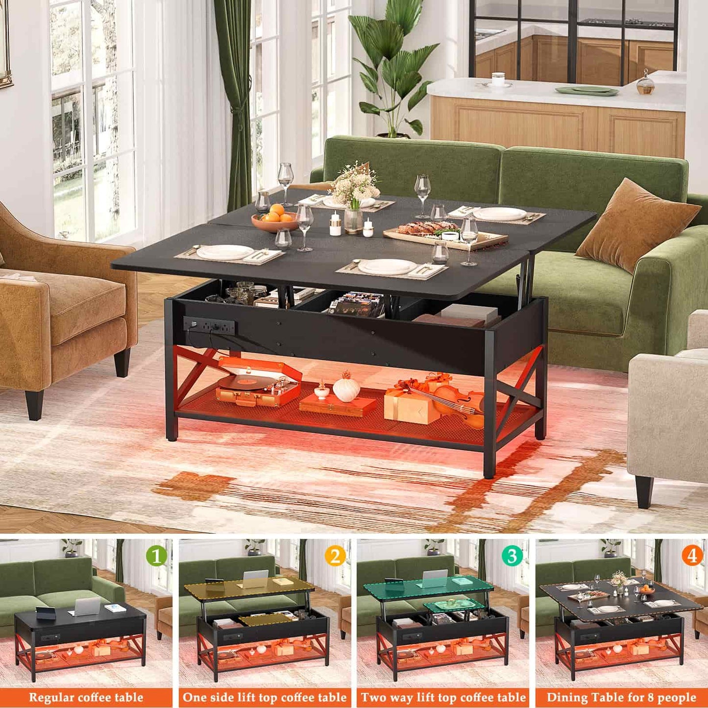 Coffee Table Lift Top with LED Light and Power Outlet, Multi-Function Coffee Table Converts to Dining Table