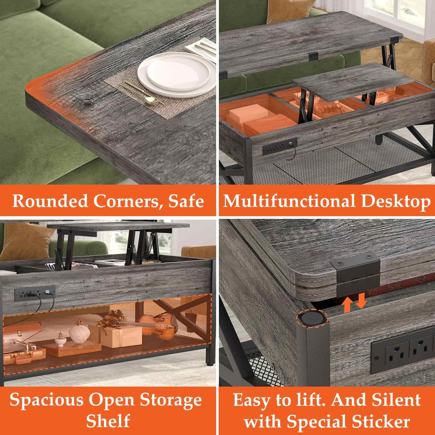 Coffee Table Lift Top with LED Light and Power Outlet, Multi-Function Coffee Table Converts to Dining Table