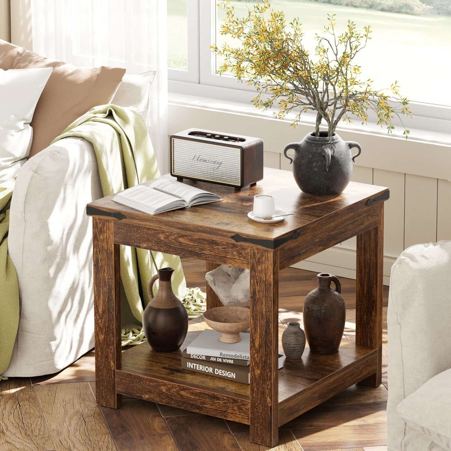 20-Inch Square Farmhouse End Table with Storage Shelf - Industrial Style for Bedroom & Living Room