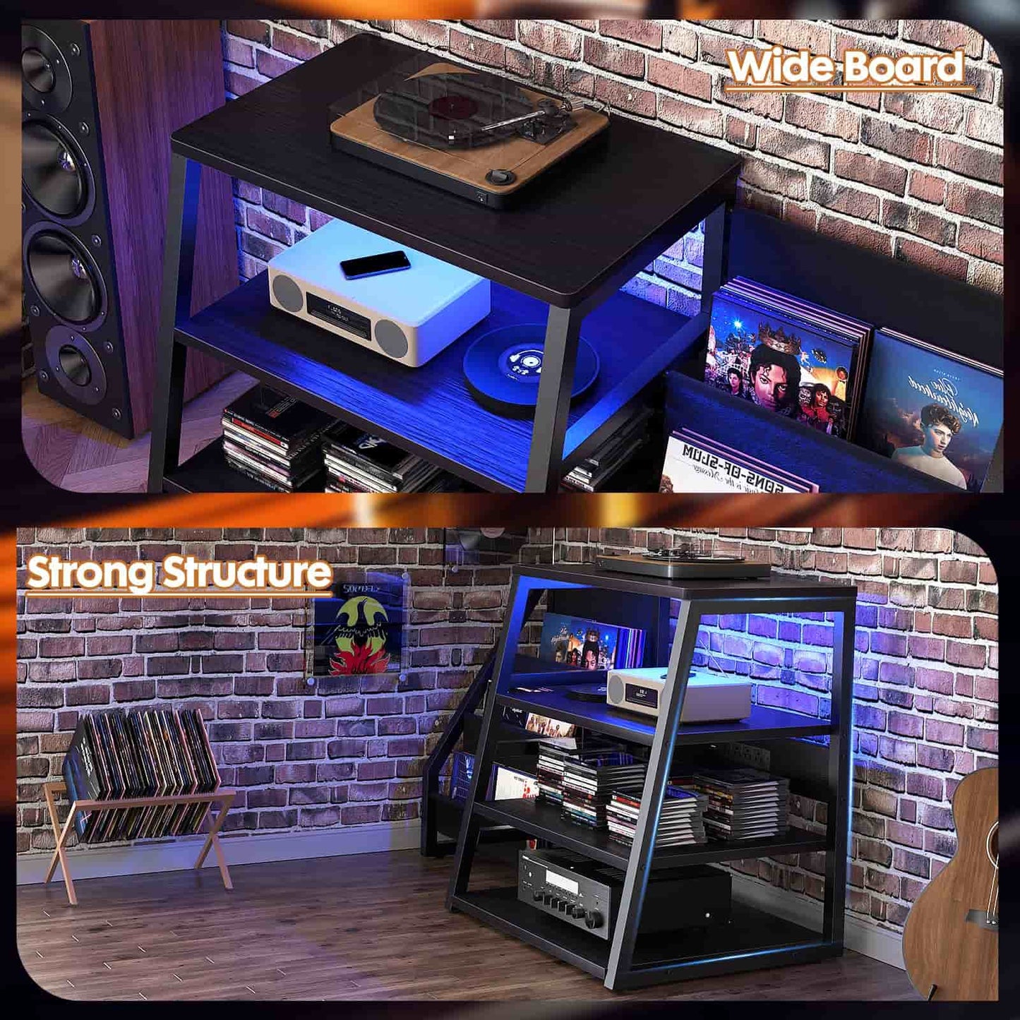 4-Tier Media Stand with Vinyl Storage, Power Outlets & LED Lights