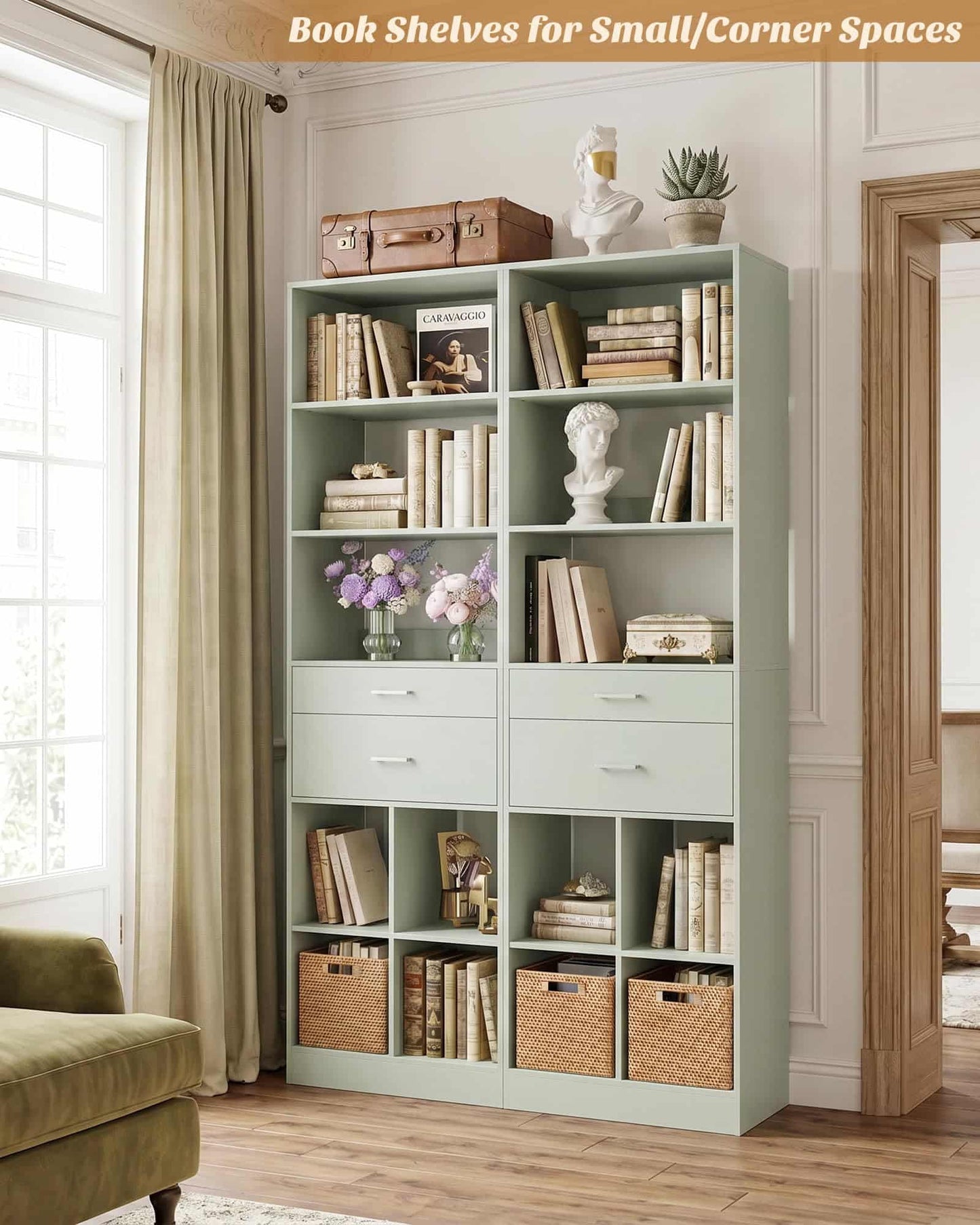 Tall Vertical Closet System, 18.9" Width Freestanding Wardrobe Storage Unit with Adjustable Shelves & Smooth-Glide Drawers