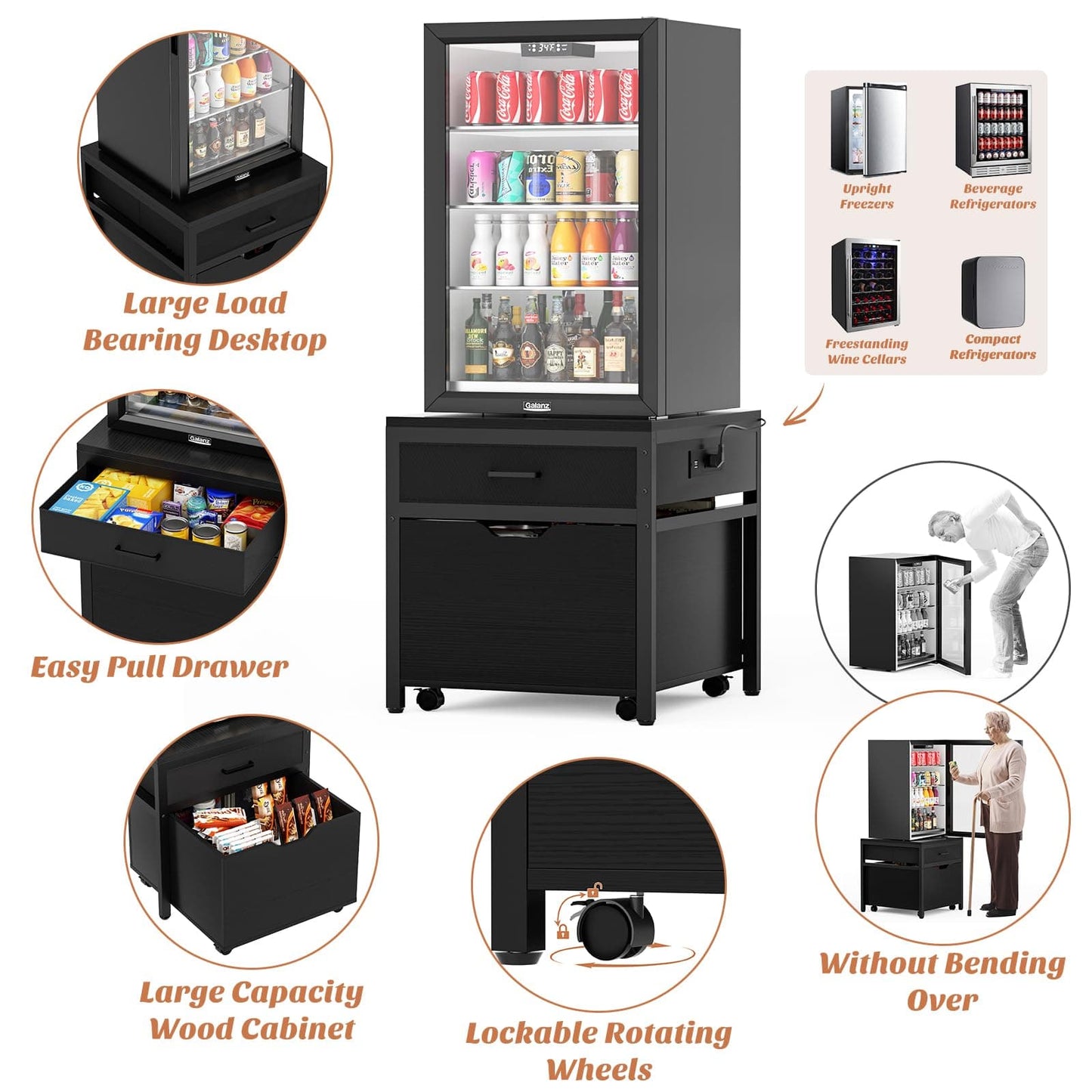 Mini Fridge Stand with Drawer Storage & Sockets, Heavy Duty Mini Refrigerator table with Rolling Cabinet