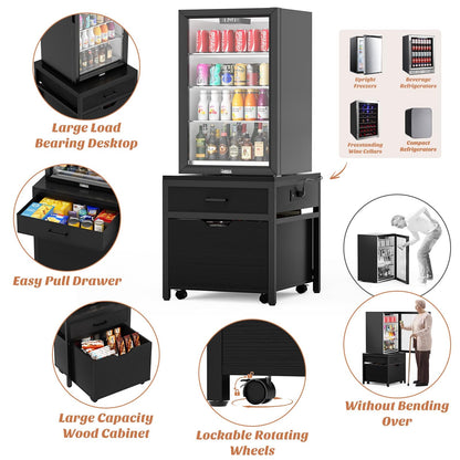 Mini Fridge Stand with Drawer Storage & Sockets, Heavy Duty Mini Refrigerator table with Rolling Cabinet