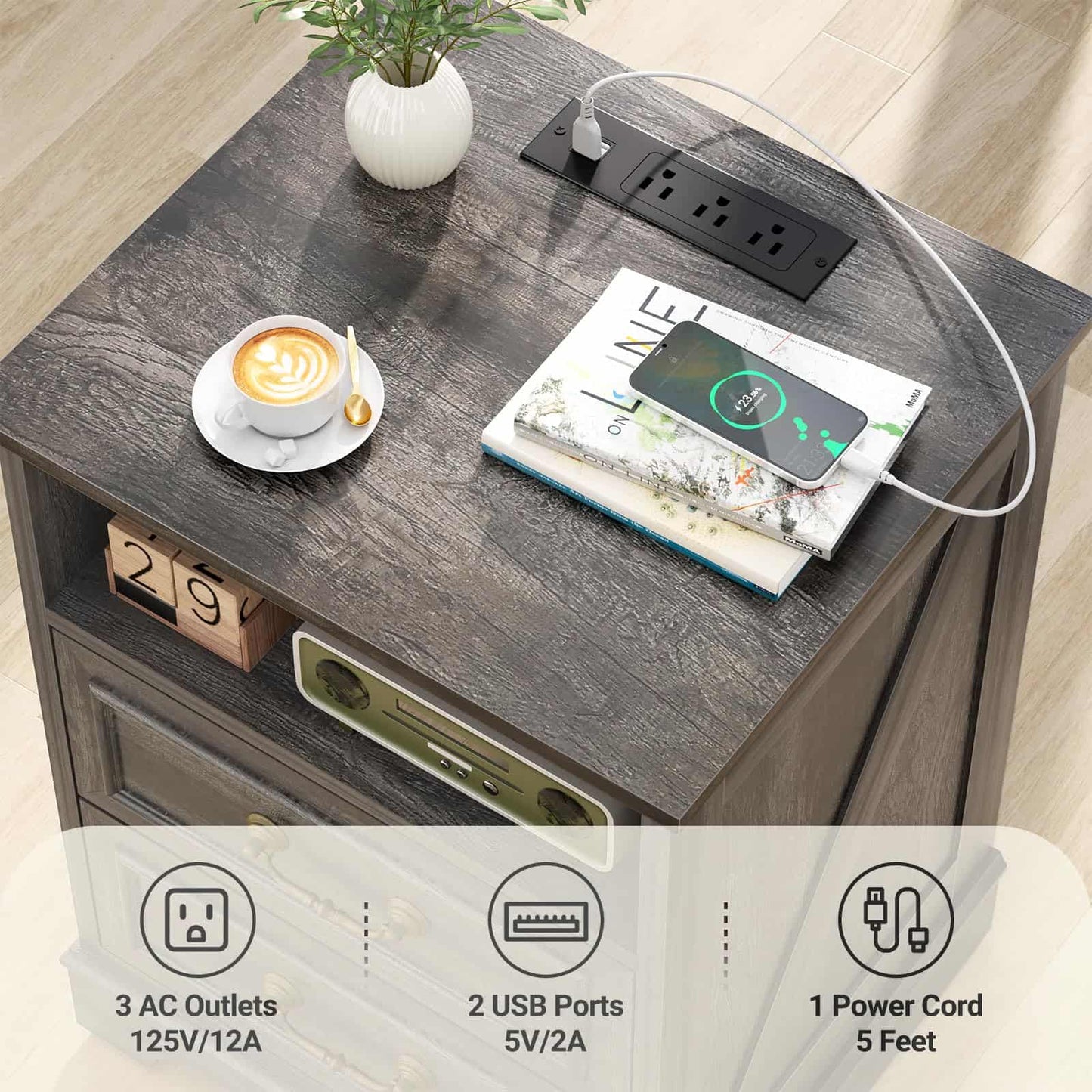 Nightstand with Charging Station -2 USB Ports, 3 AC Outlets, Farmhouse Rustic Wood End Table with 2 Drawers & Open Shelf