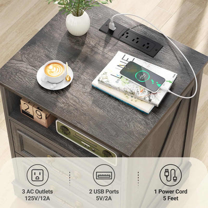Nightstand with Charging Station -2 USB Ports, 3 AC Outlets, Farmhouse Rustic Wood End Table with 2 Drawers & Open Shelf