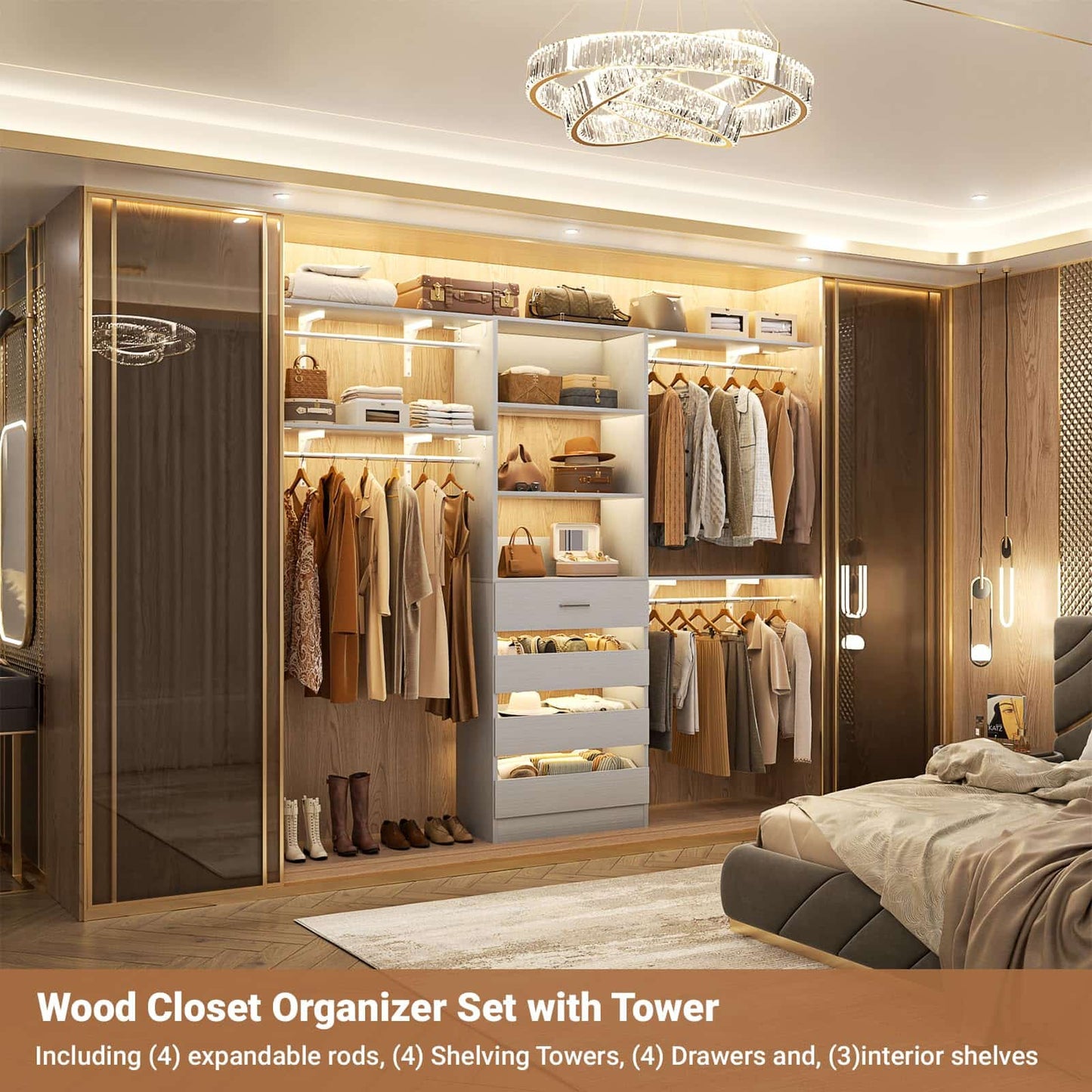 Closet System, 8FT Closet Organizer with 4 Wooden Drawers, Wood Closet Organizer System with Tower, Walk-in Closet Organizer Wardrobe