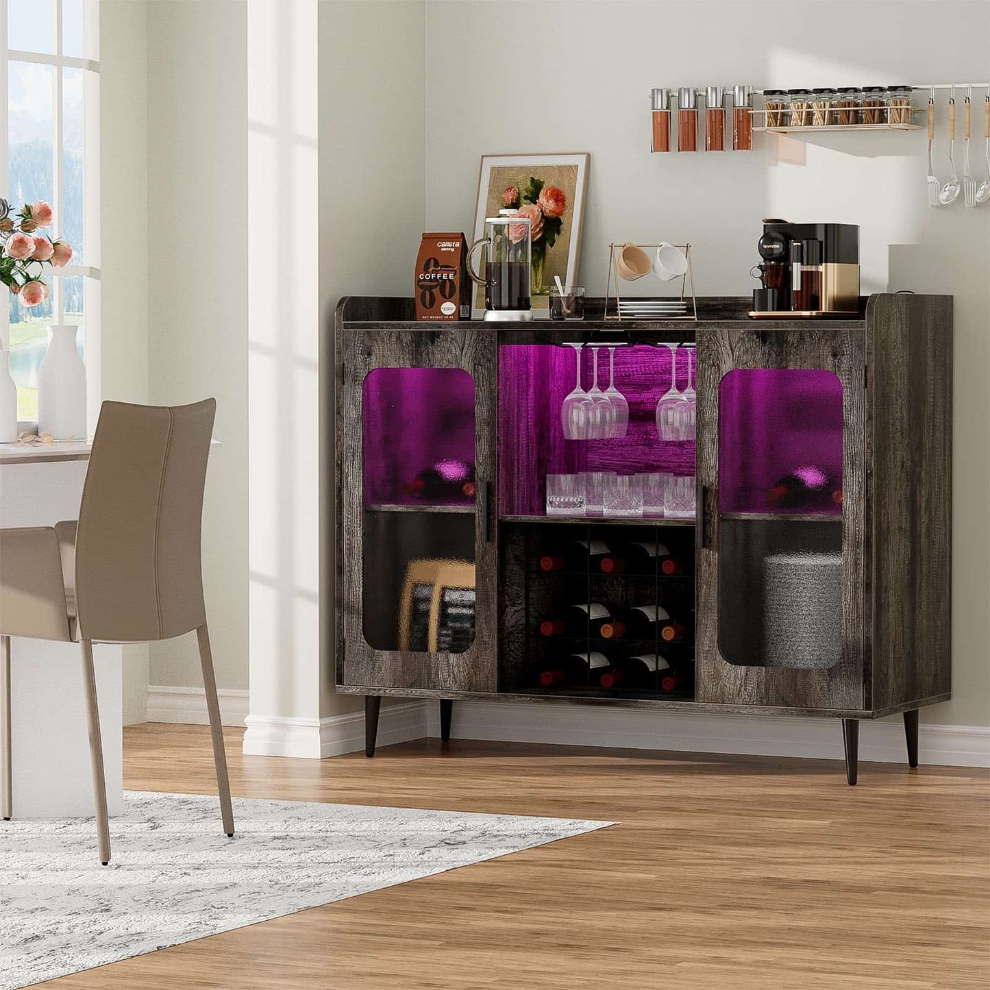Assembled Wine Bar Cabinet with Power Outlet and LED Lights