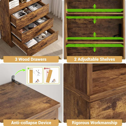 71" Tall Bookcases with 3 Large Drawers & 3 Shelves, Wooden Bookshelf for Living Room Offic