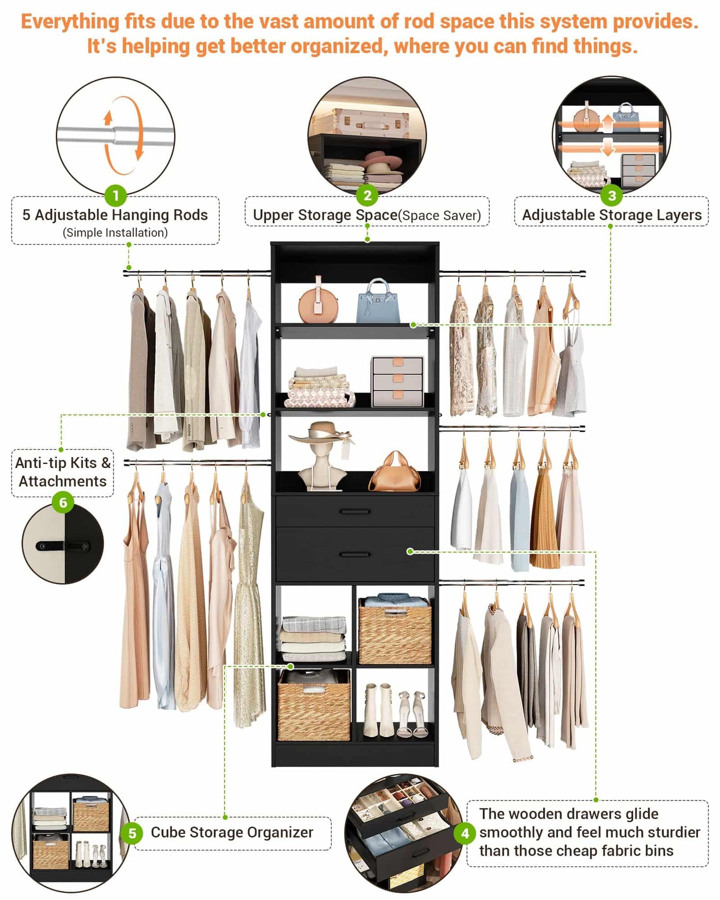Adjustable Small Closet System, 3.2-6.8FT Expandable Closet Organizer with 2 Wooden Drawers & 5 Heavy-Duty Hanging Rods