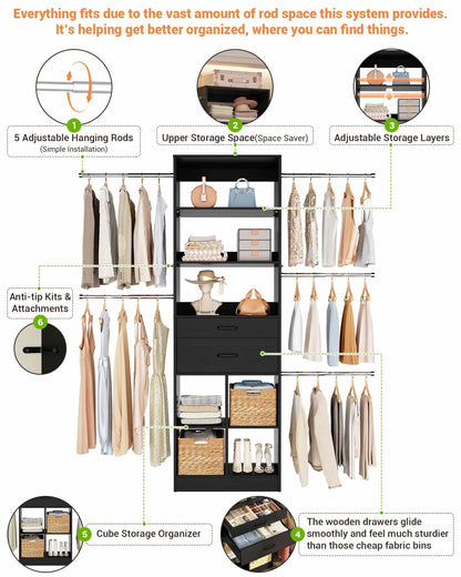 Adjustable Small Closet System, 3.2-6.8FT Expandable Closet Organizer with 2 Wooden Drawers & 5 Heavy-Duty Hanging Rods