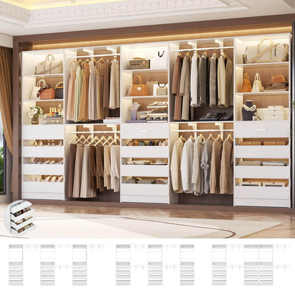 3-Piece L-Shaped Walk-in Closet Organizer System, 138.5" Wood Closet Tower with 12 Drawers & 4 Expandable Hanging Rods, Customizable Wardrobe Storage Set for Bedroom, Apartment