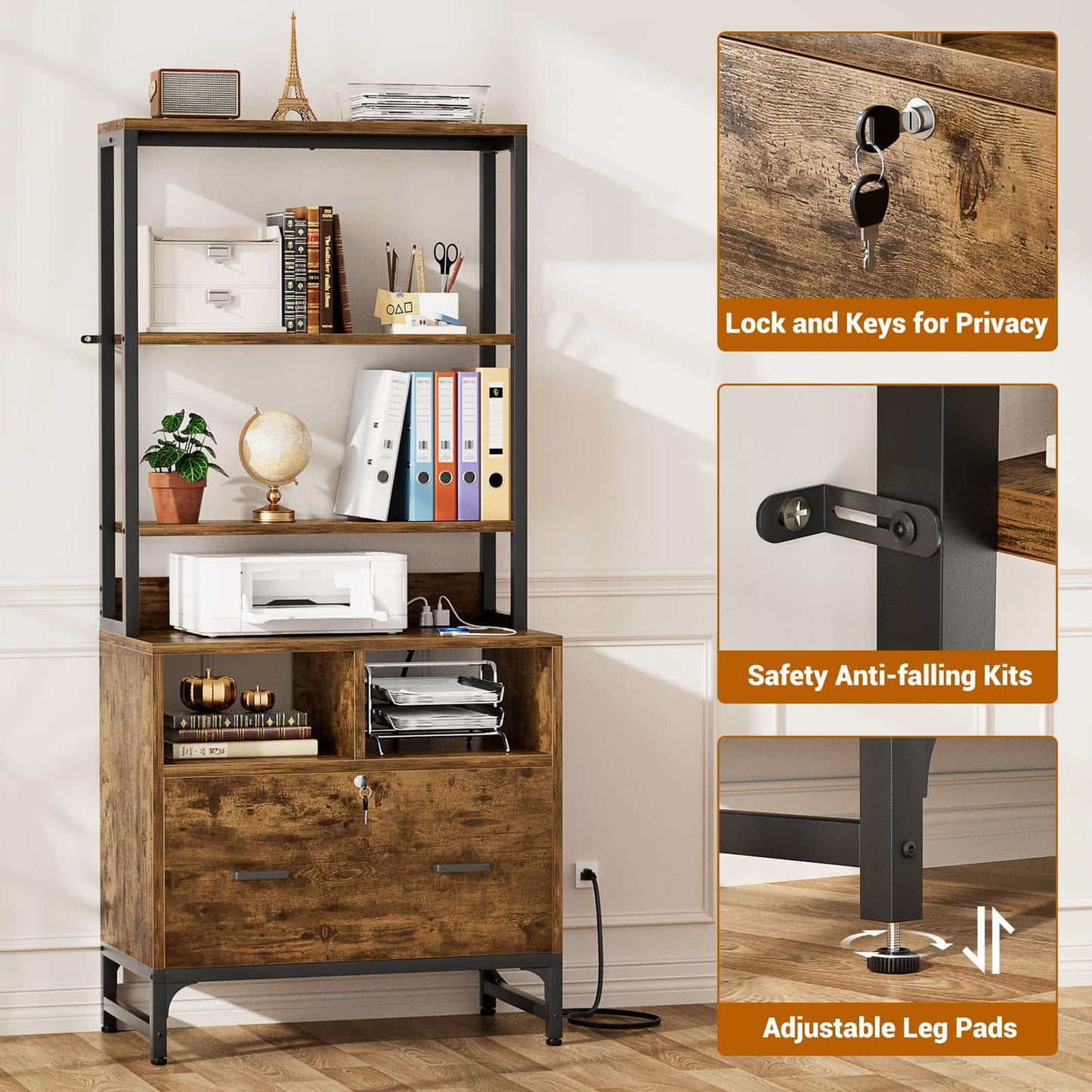 2-Pack Vertical File Cabinet with Shelves, Charging Station, Lock, Large Drawer & Printer Stand