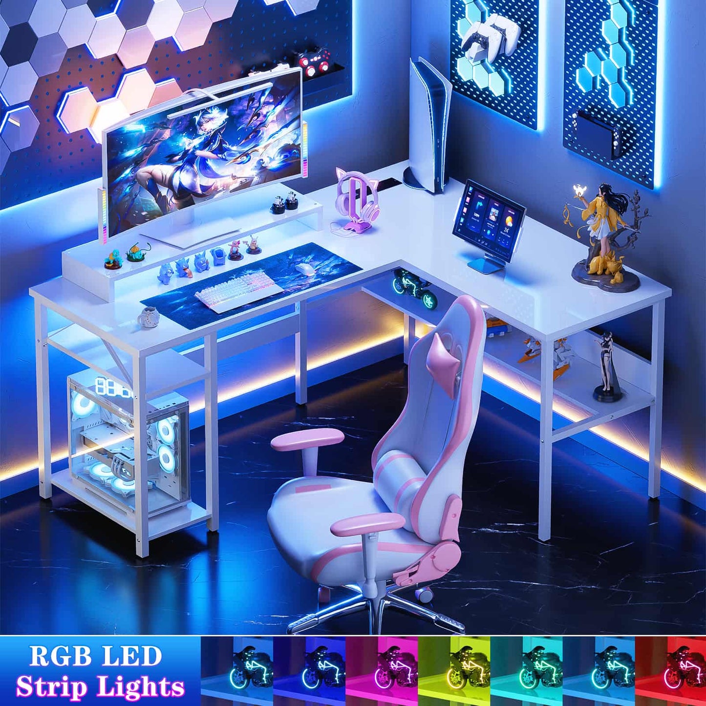Reversible L Shaped Desk with Magic Power Outlets and USB Charging Ports