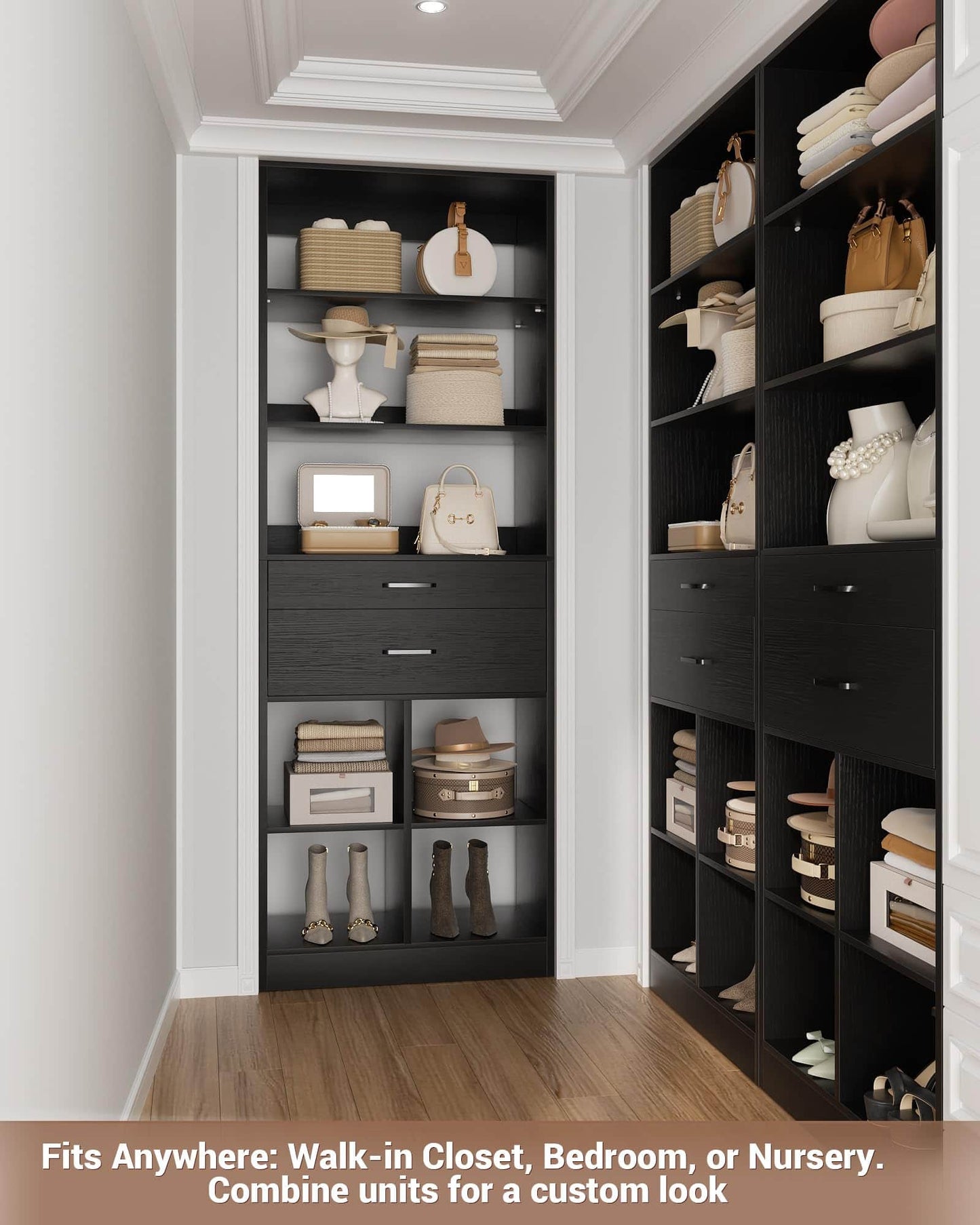 22" Floor-Standing Closet System, Multi-Tiered Wardrobe Storage Unit with Adjustable Shelves & Smooth-Glide Drawers