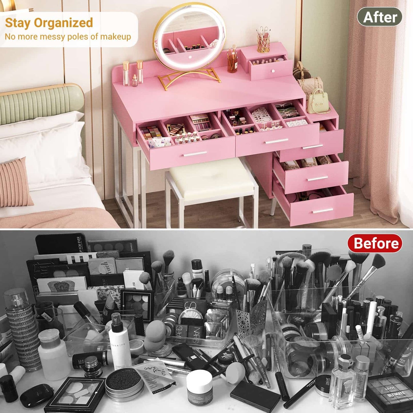 Vanity Desk with Mirror and Lights, Modern Makeup Vanity Table Set with 6 Storage Drawers and Cushioned Stool