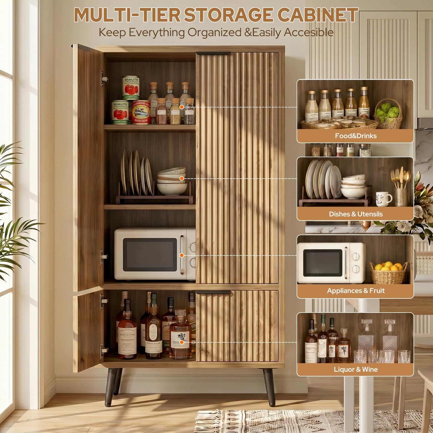 51.2" Freestanding Storage Cabinet with 4 Fluted Doors, Adjustable Shelves & Raised Legs - Wobble-Free Organizer for Bathroom, Kitchen, Living Room