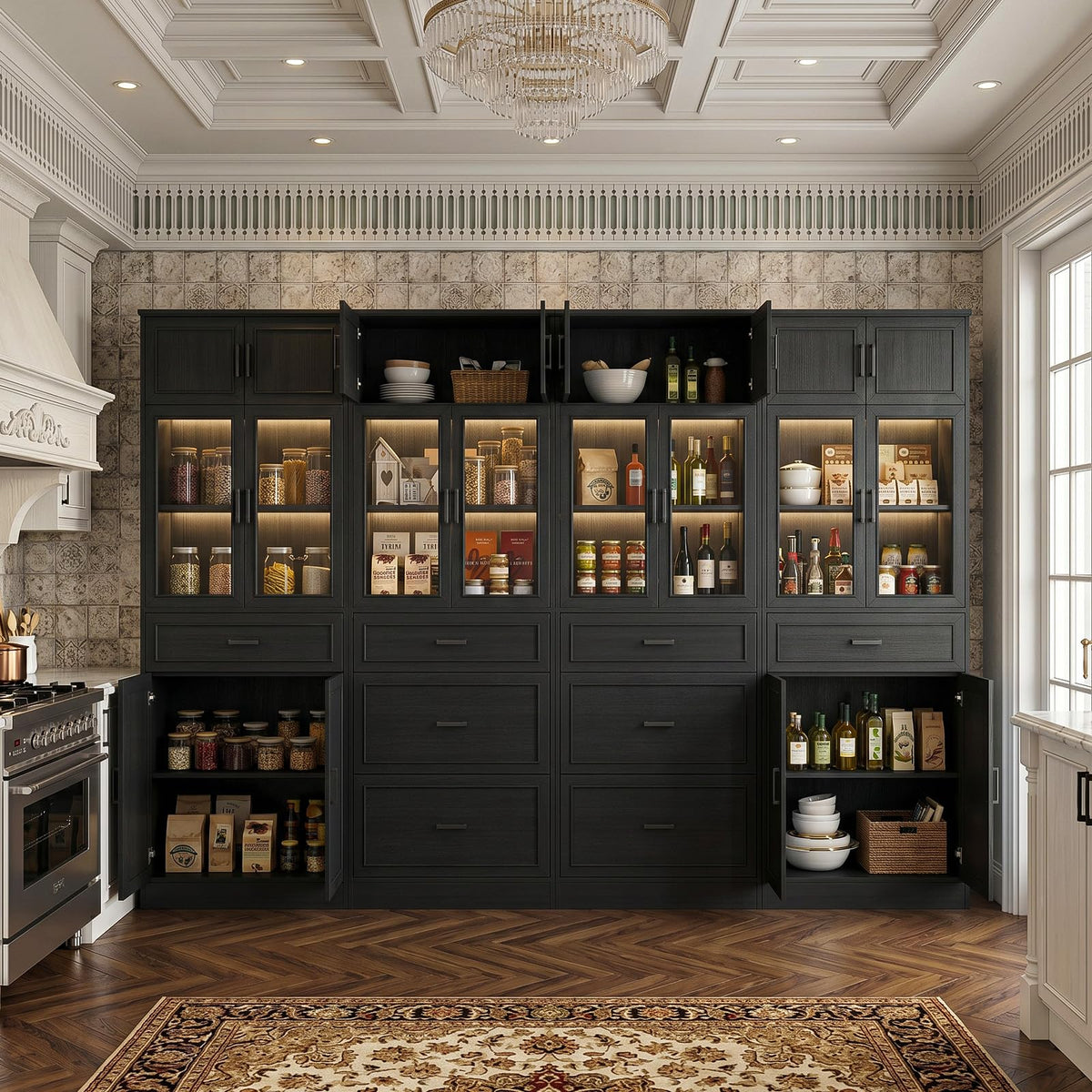 80" Tall Modular Bookshelf and Storage Cabinet Set with Glass Doors and Drawers
