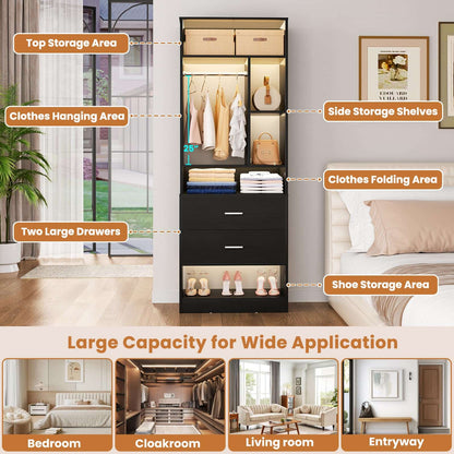Freestanding 24" Closet System with 2 Wood Drawers, 2FT Small Closet Organizer System with 6 Shelves & Hanging Rod