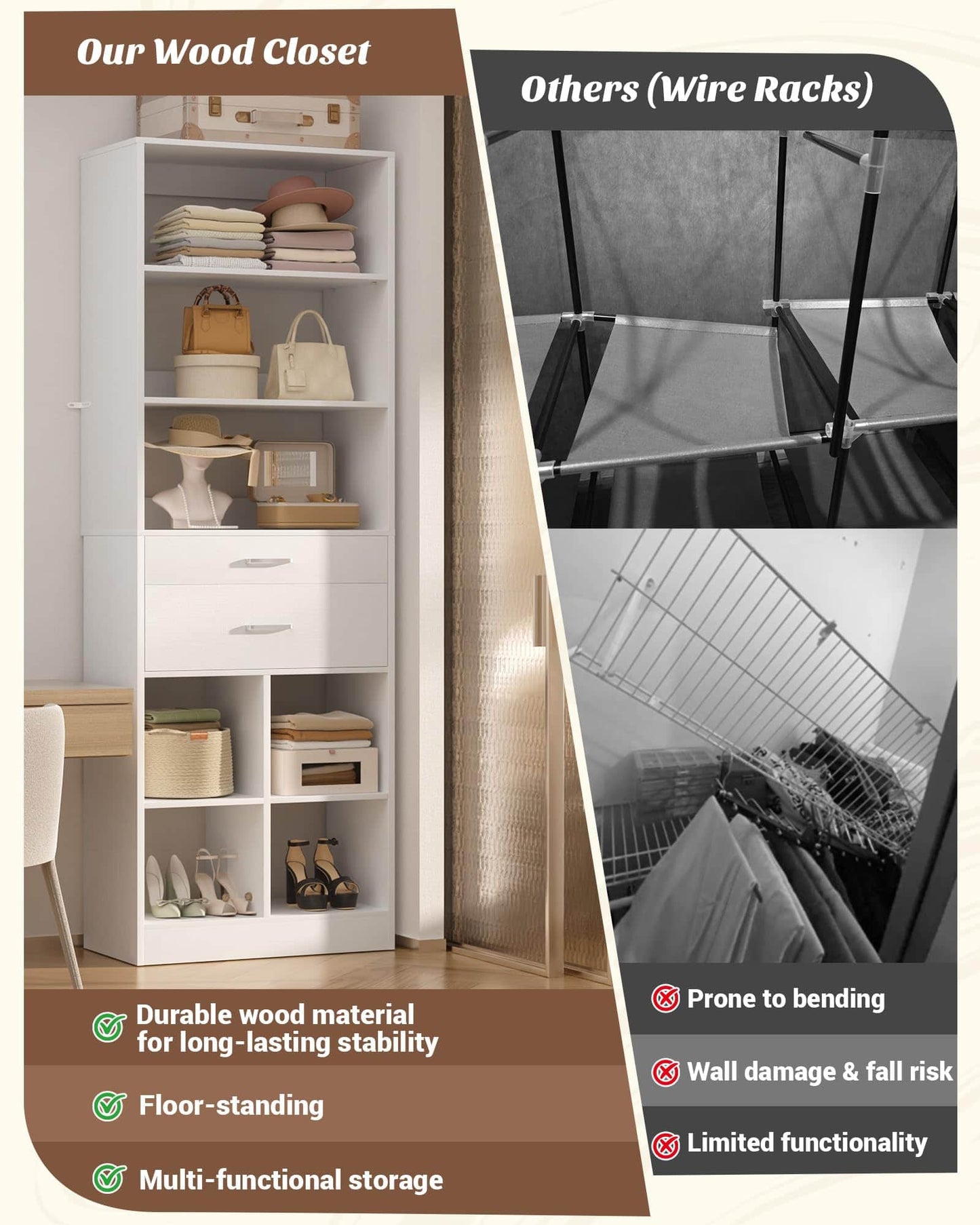 Tall Vertical Closet System, 18.9" Width Freestanding Wardrobe Storage Unit with Adjustable Shelves & Smooth-Glide Drawers
