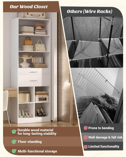 Tall Vertical Closet System, 18.9" Width Freestanding Wardrobe Storage Unit with Adjustable Shelves & Smooth-Glide Drawers