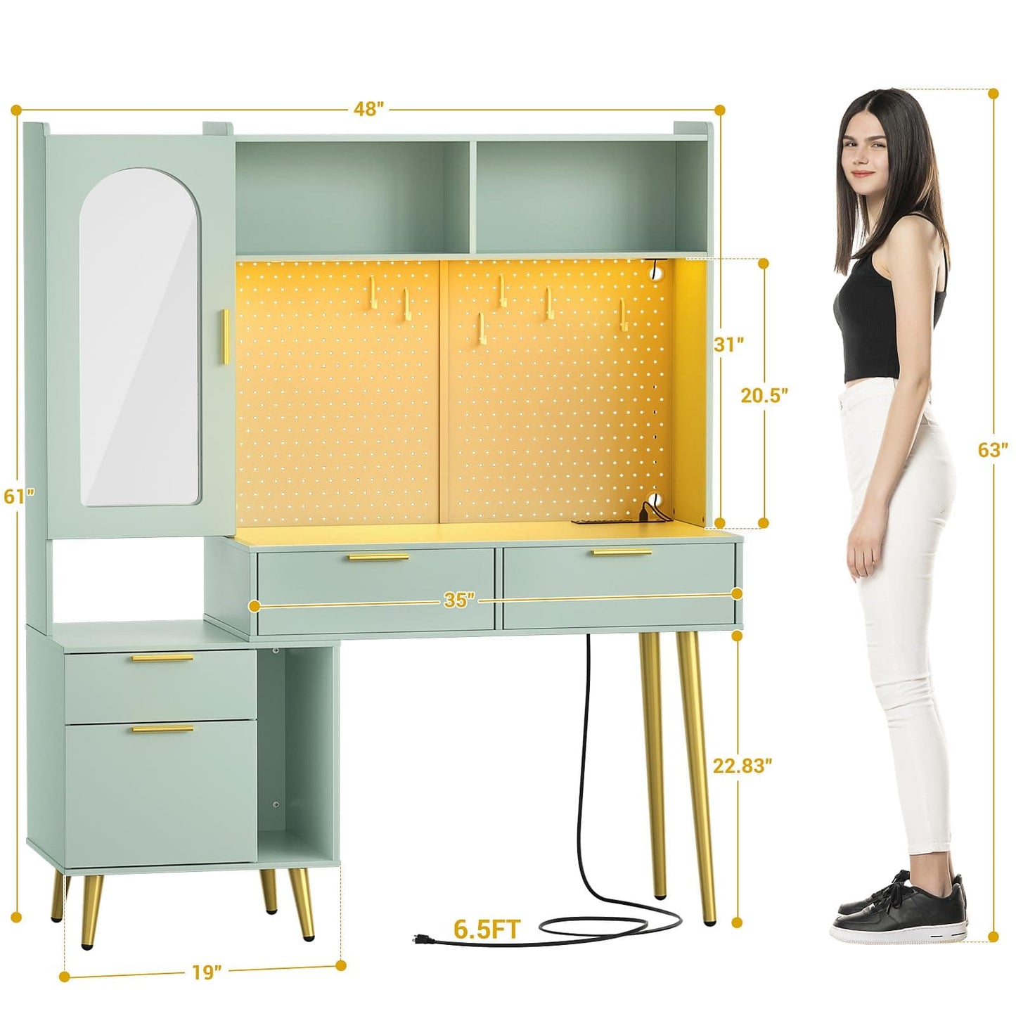 48" Makeup Vanity with Hutch, LED Lighted Mirror & Charging Station, 5 Large Drawers, Shelves, Pegboard & Cabinet
