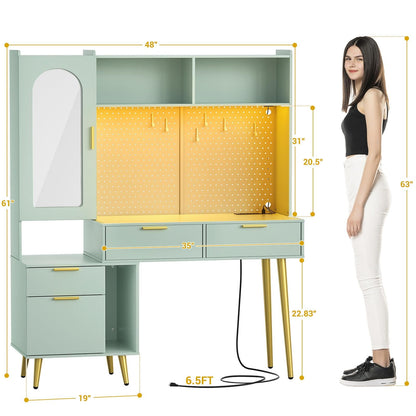 48" Makeup Vanity with Hutch, LED Lighted Mirror & Charging Station, 5 Large Drawers, Shelves, Pegboard & Cabinet