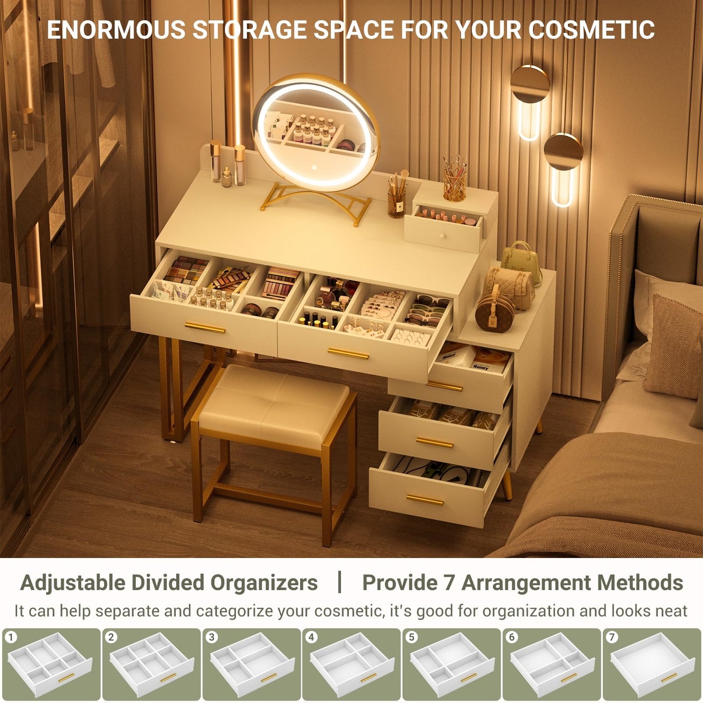 Vanity Desk with Mirror and Lights, Modern Makeup Vanity Table Set with 6 Storage Drawers and Cushioned Stool