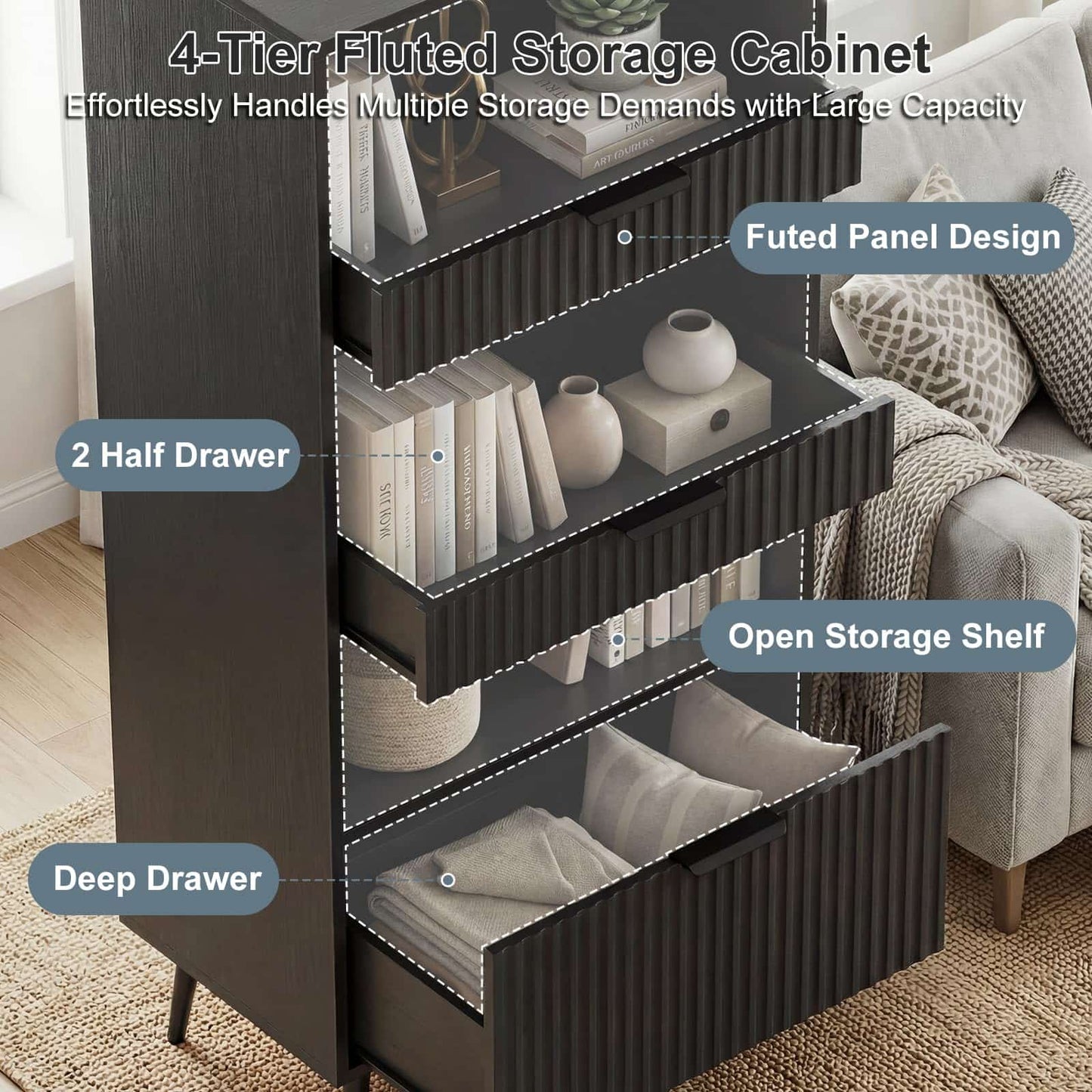 Modern Fluted Storage Cabinet, 51.2" Tall Freestanding Organizer with 3 Drawers & Open Shelf, Versatile Pantry Cabinet for Bathroom, Kitchen, Entryway - Narrow Design for Small Spaces